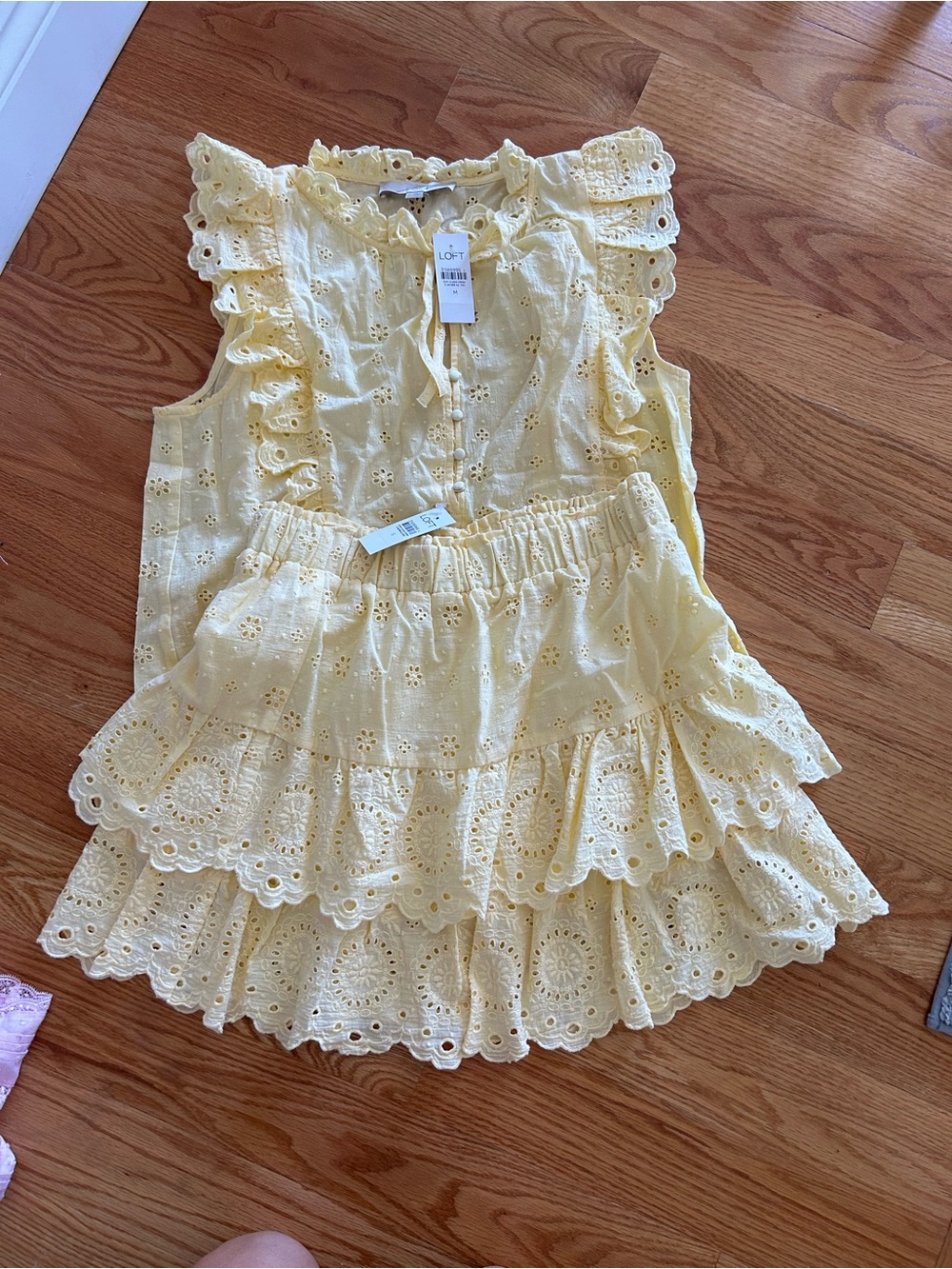 LOFT Yellow Eyelet Ruffle Skirt Set- skirt size Small, top size Medium - Picture 2 of 4